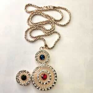 Three Ring Pendant Necklace, Crystal Pendant on a Gold Tone Long Necklace